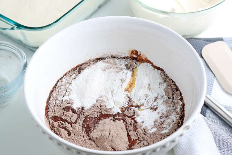 chocolate lush pudding layer ingredients in a bowl