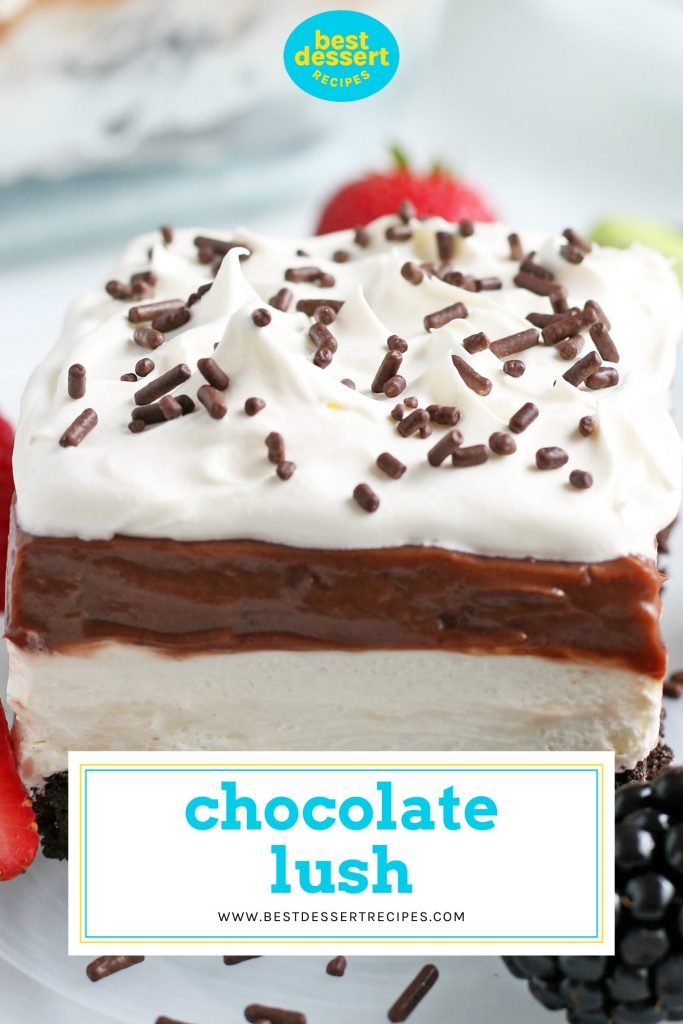 slice of chocolate lush with text overlay for pinterest
