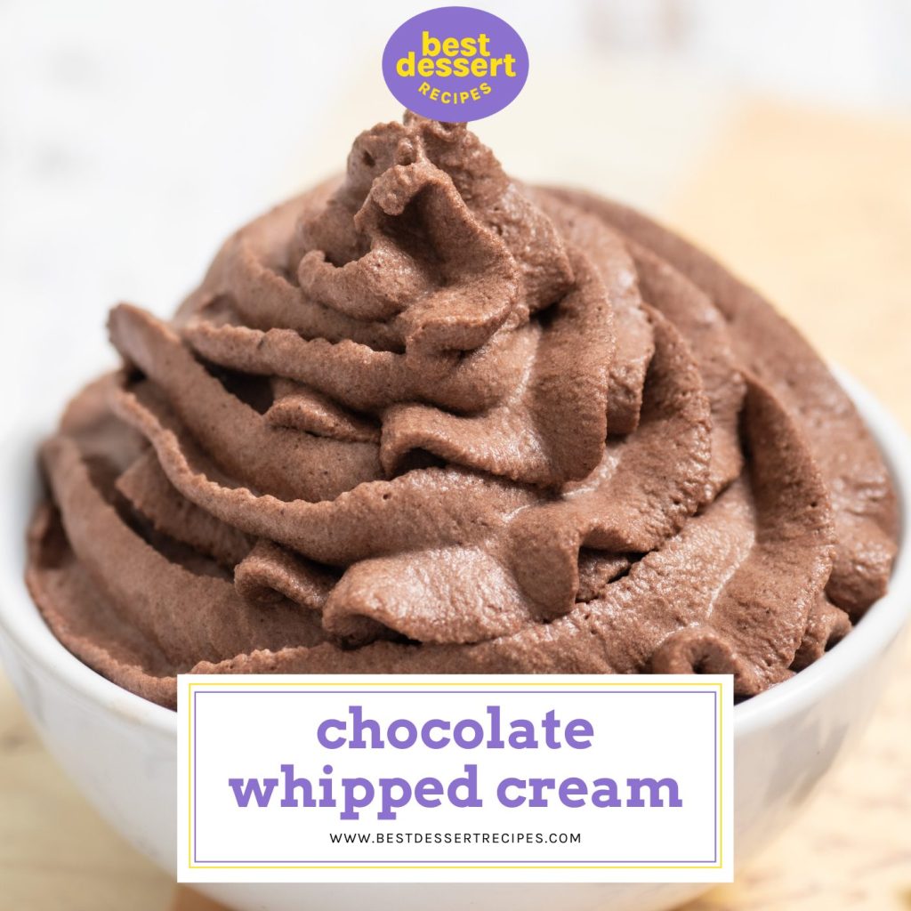 bowl of chocolate whipped cream with text overlay for facebook