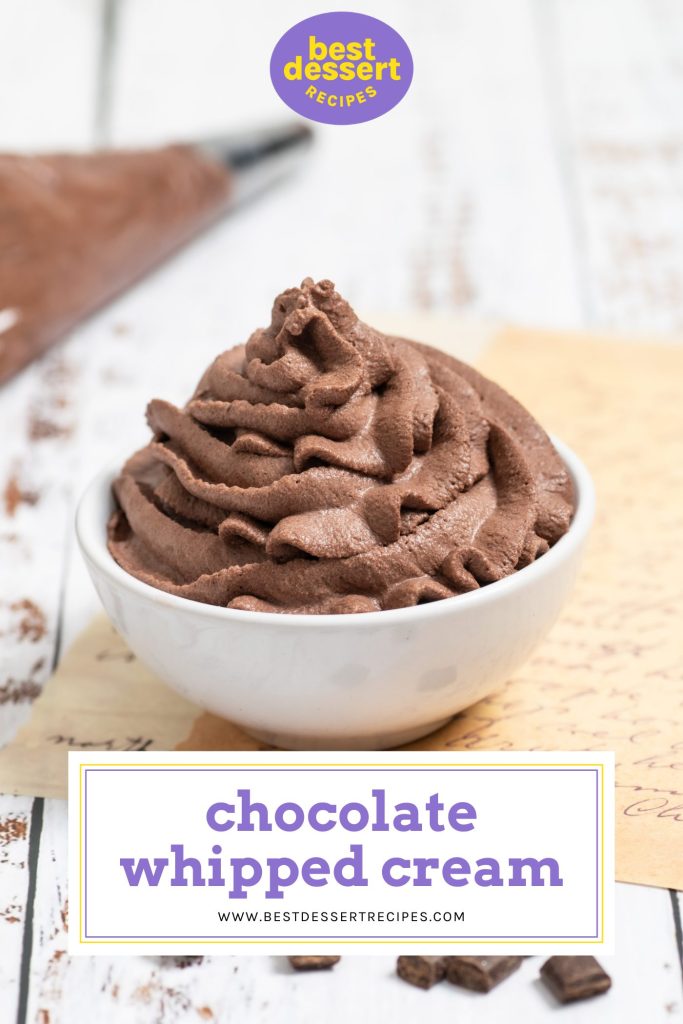 bowl of chocolate whipped cream with text overlay for pinterest