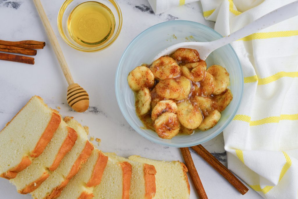 overhead shot of fried bananas in a bowl