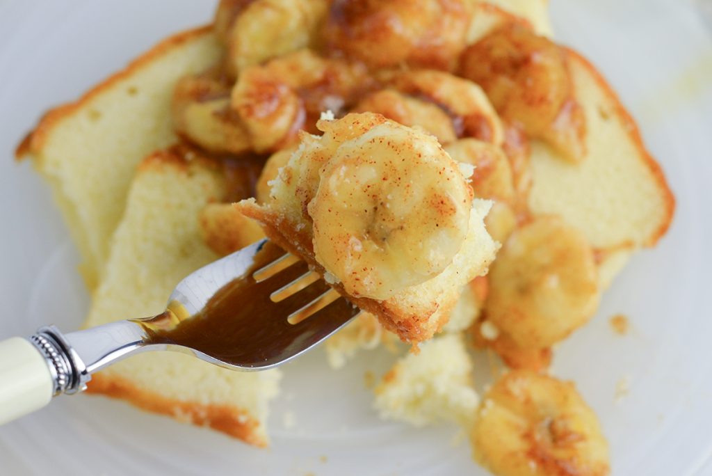 close up of fried banana on a fork