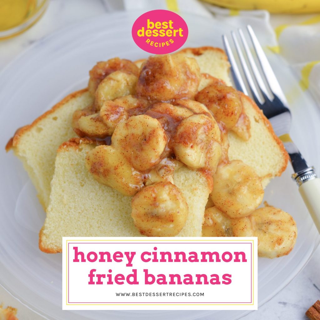 honey fried bananas over pound cake with text overlay for facebook