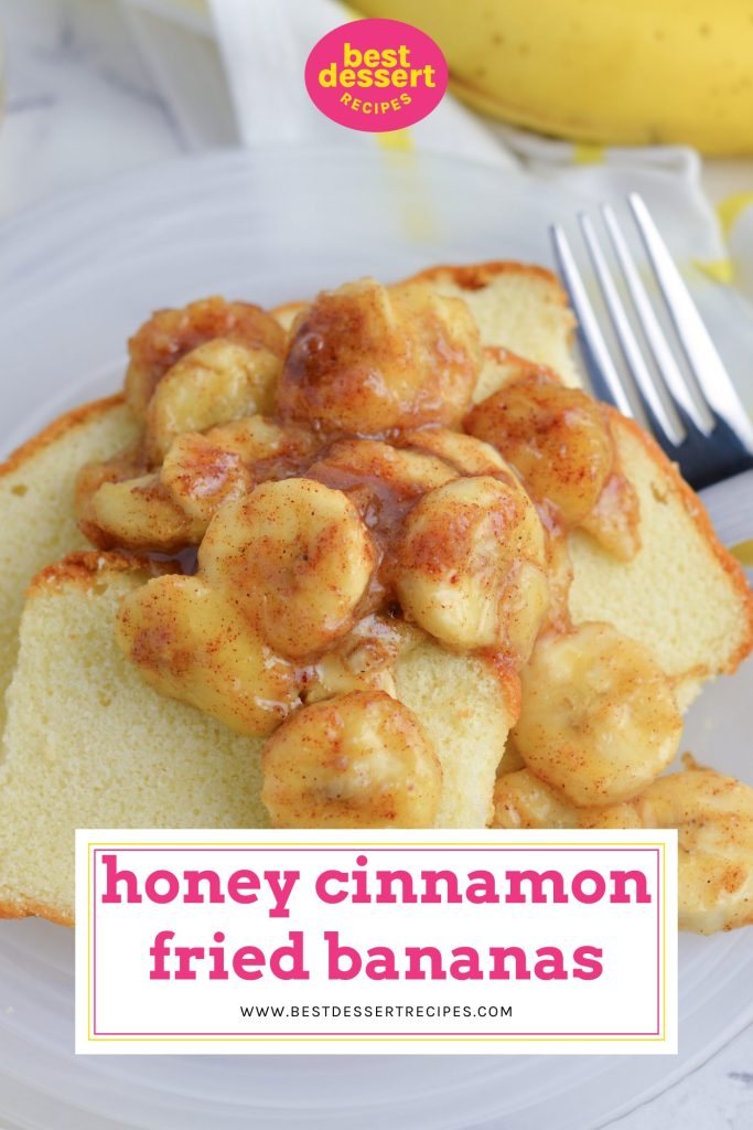 fried bananas over pound cake with text overlay for pinterest