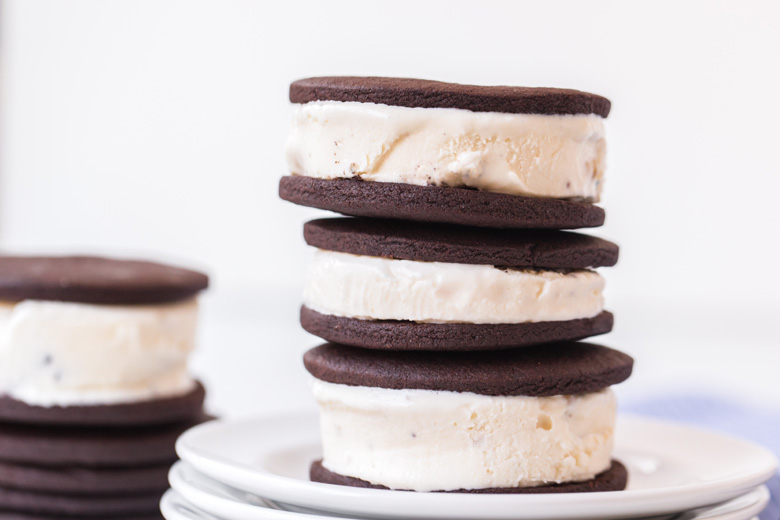 straight on shot of stack of three ice cream cookie sandwiches