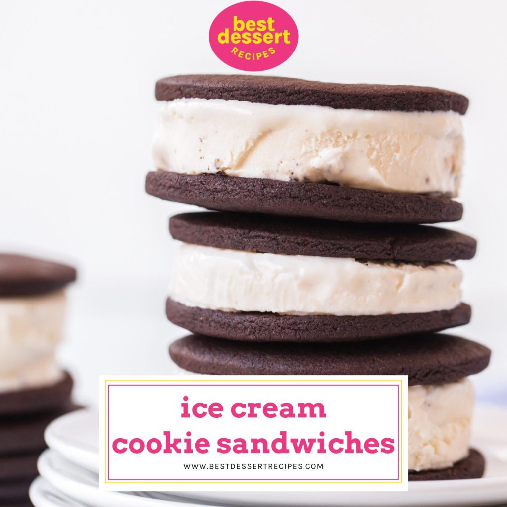 stack of ice cream cookie sandwiches with text overlay for facebook