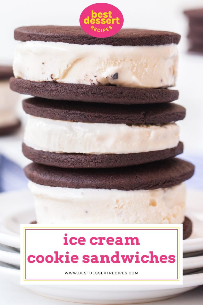 stack of ice cream cookie sandwiches with text overlay for pinterest