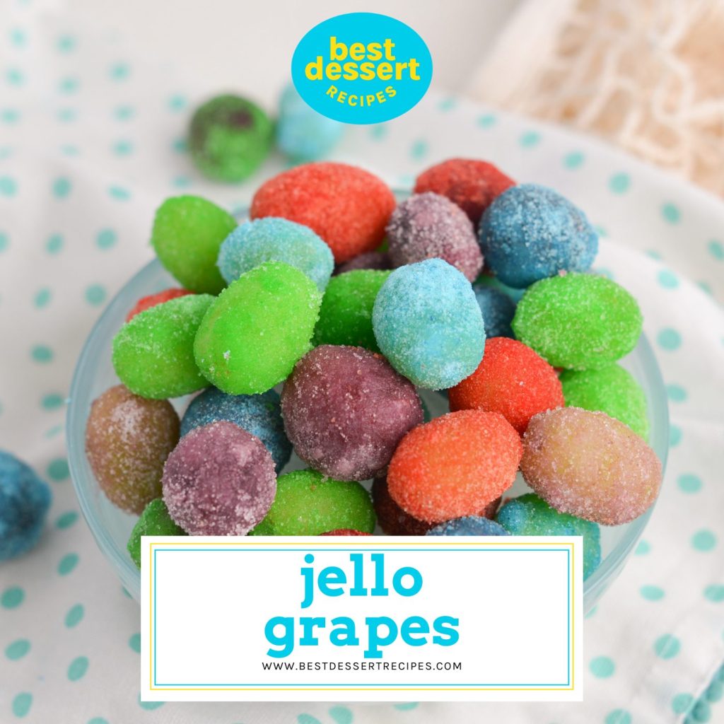 bowl of multi colored jello grapes with text overlay for facebook