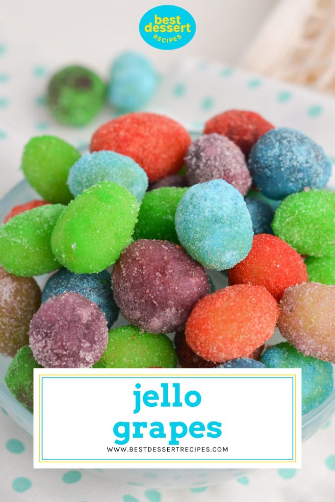multi colored jello grapes in a bowl with text overlay for pinterest
