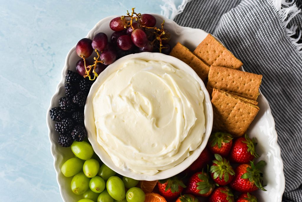 marshmallow fruit dip surrounded by fruit