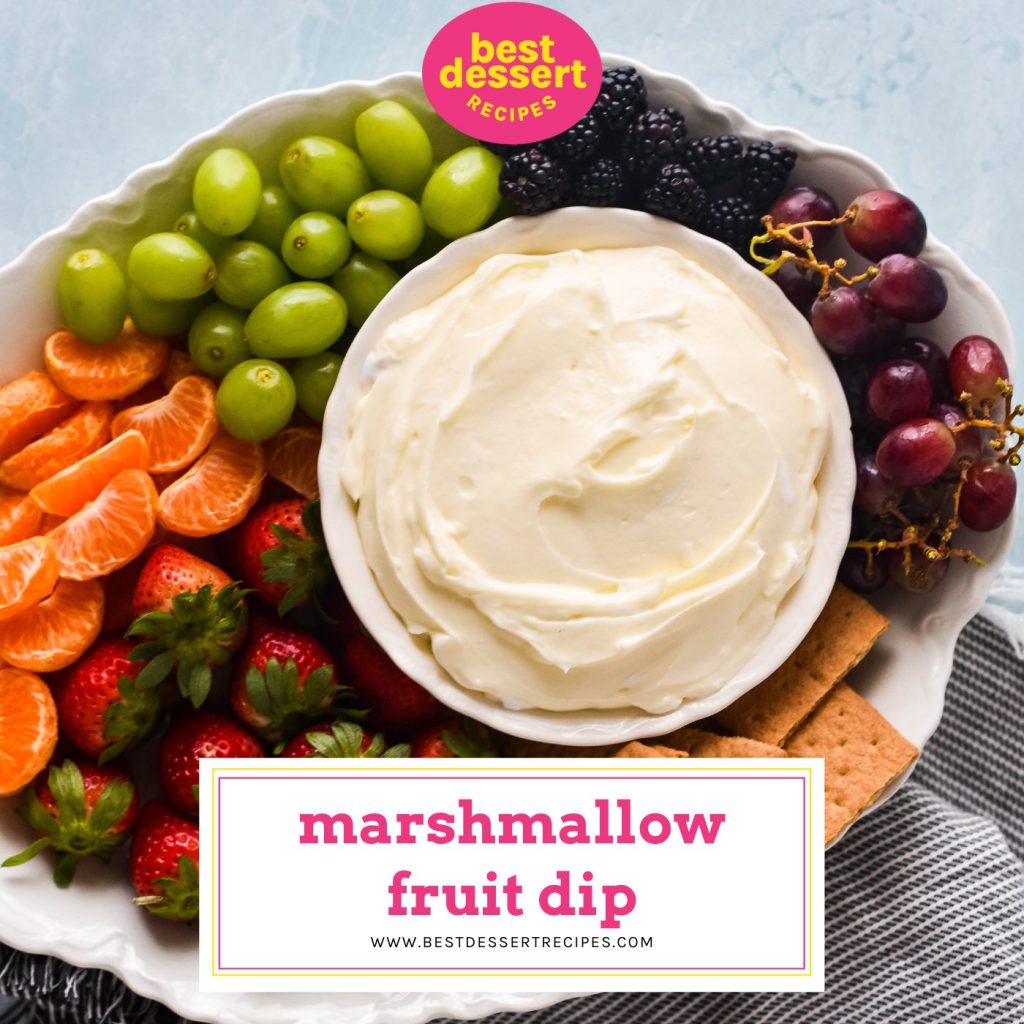 marshmallow fruit dip with text overlay for facebook
