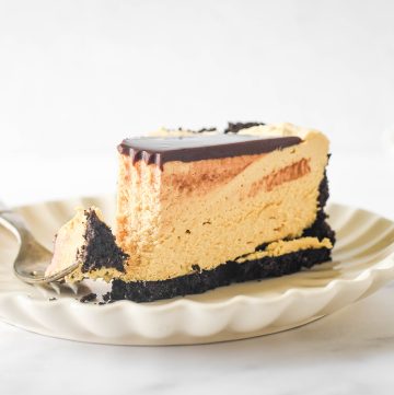 bite taken out of no bake peanut butter cheesecake slice