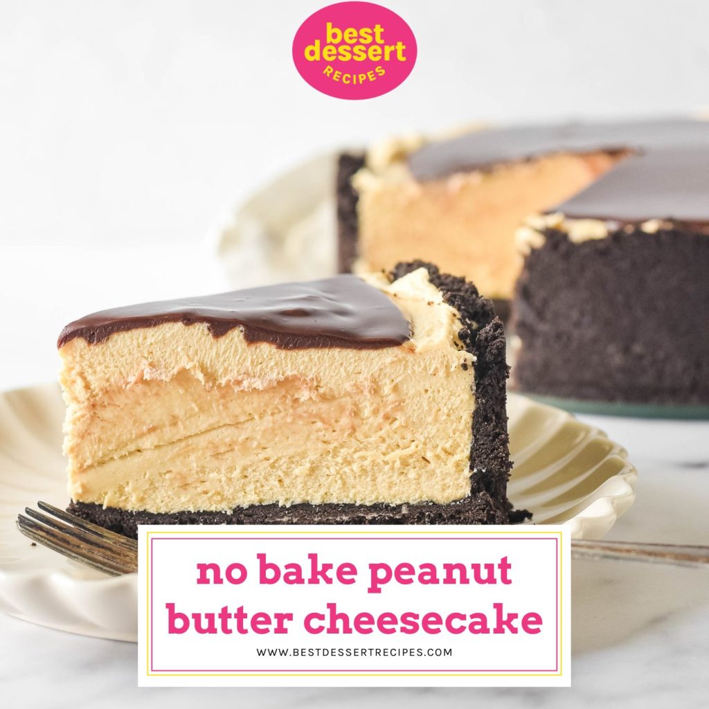 slice of peanut butter cheesecake with text overlay for facebook