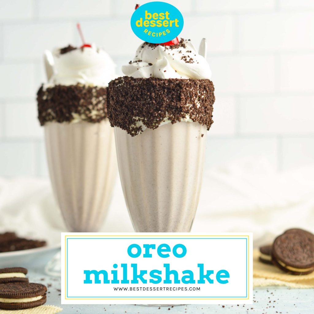 two oreo milkshakes with text overlay for facebook