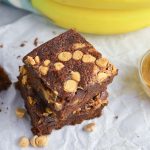 overhead shot of stack of peanut butter banana brownies