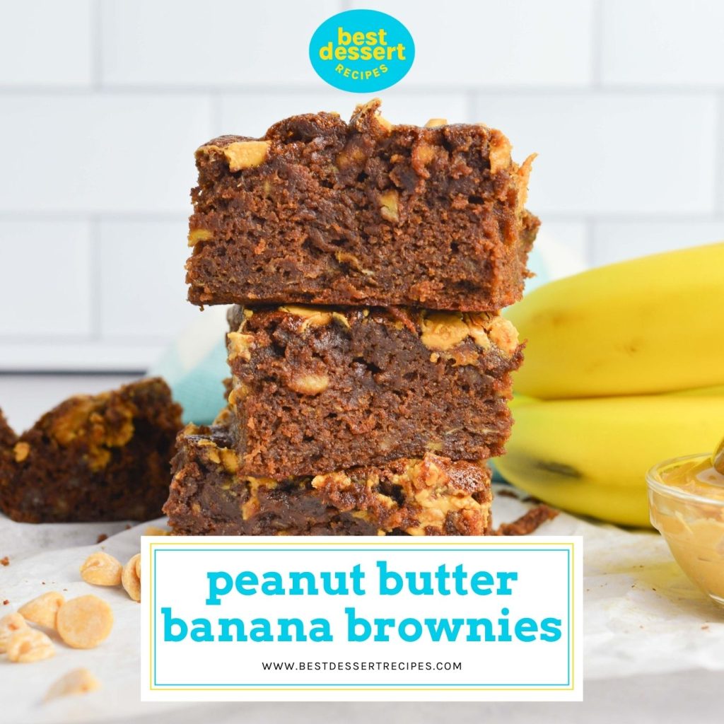 stack of three peanut butter banana brownies with text overlay for facebook