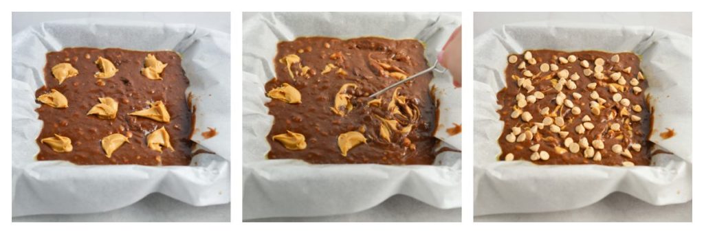 collage of peanut butter banana brownies process steps