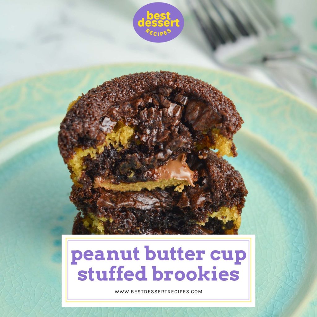 stack of two peanut butter cup brookies with text overlay for facebook