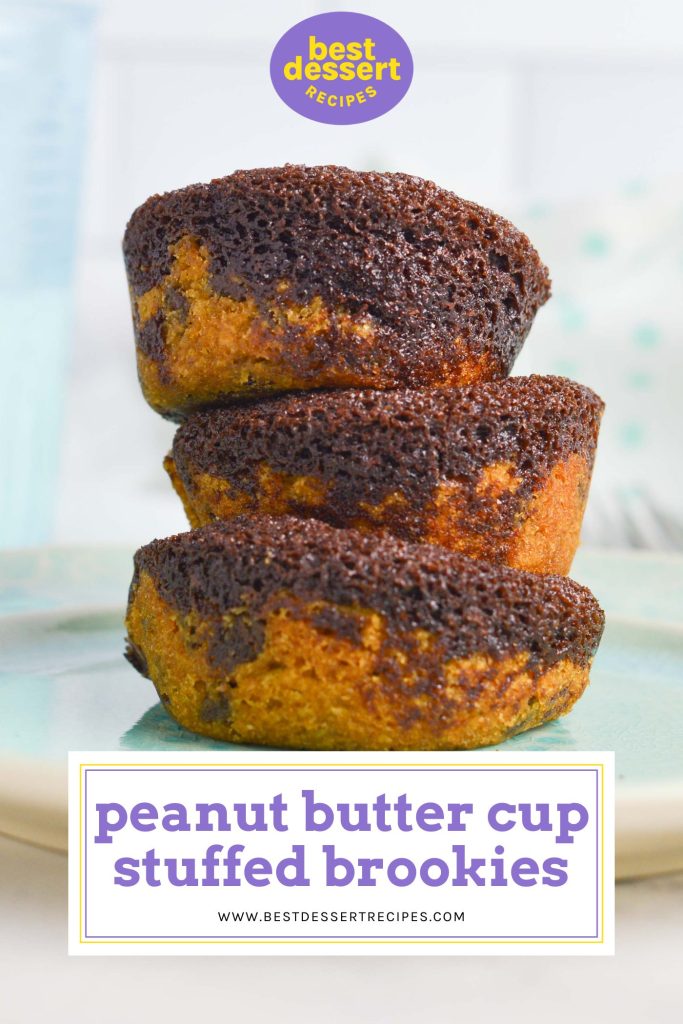 stack of peanut butter cup brookies with text overlay for pinterest