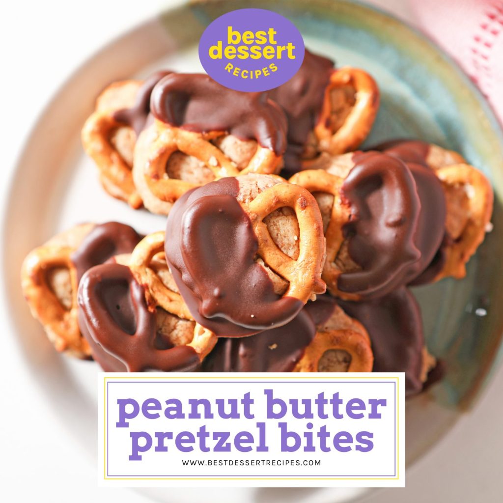 overhead shot of peanut butter pretzel bites on a plate with text overlay for facebook
