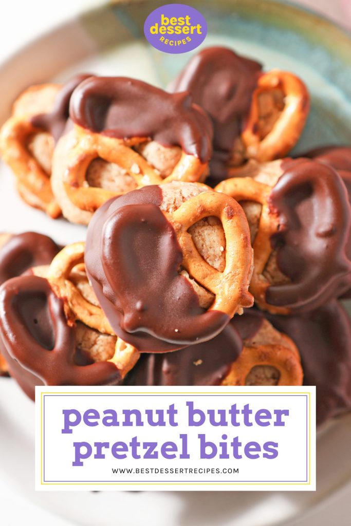 overhead shot of peanut butter pretzel bites on a plate with text overlay for pinterest