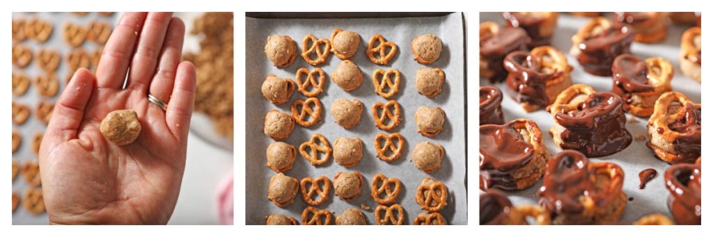 collage of how to make peanut butter pretzel bites
