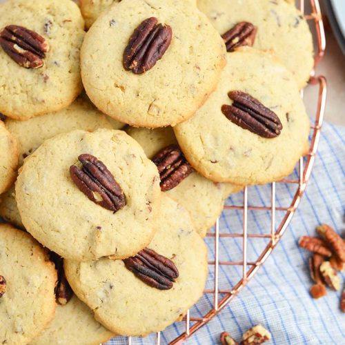 overhead shot of pecan cookies on cooling rack