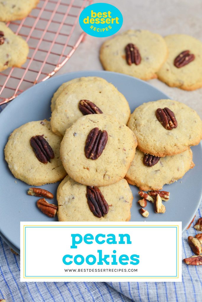 pecan cookies on a blue plate with text overlay for pinterest