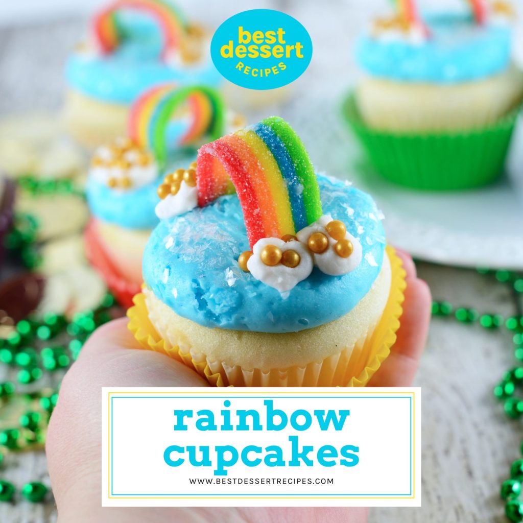 hand holding one rainbow cupcake with text overlay for facebook