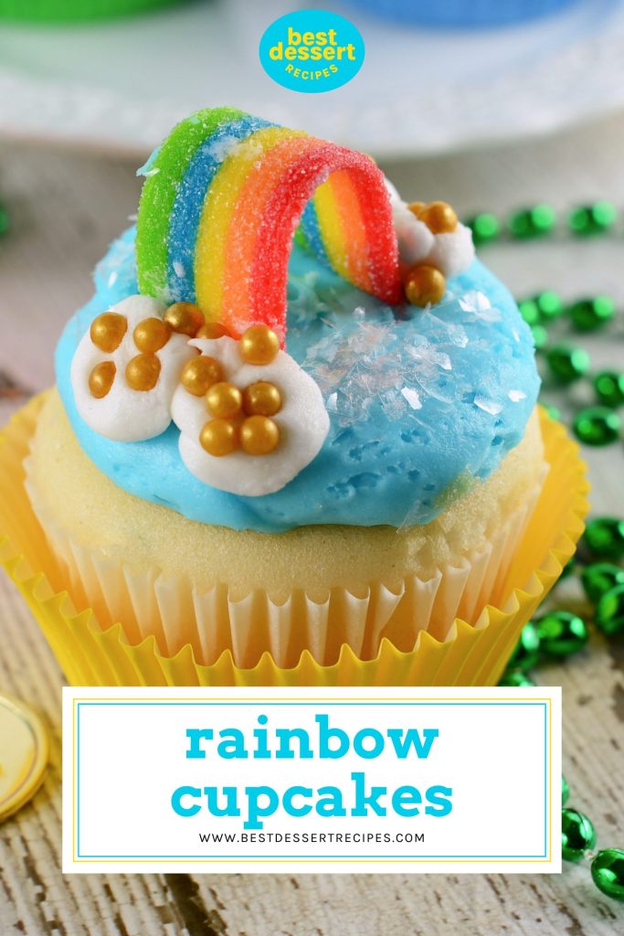close up of rainbow cupcake with text overlay for pinterest