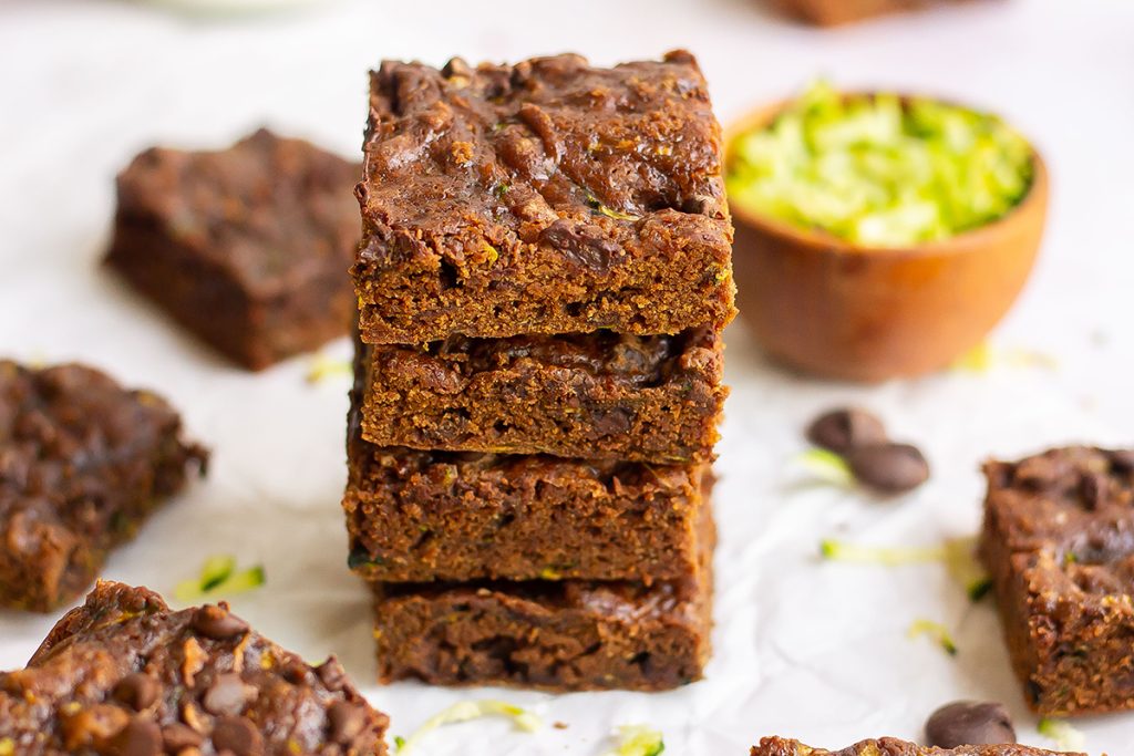 straight on shot of stack of zucchini brownies