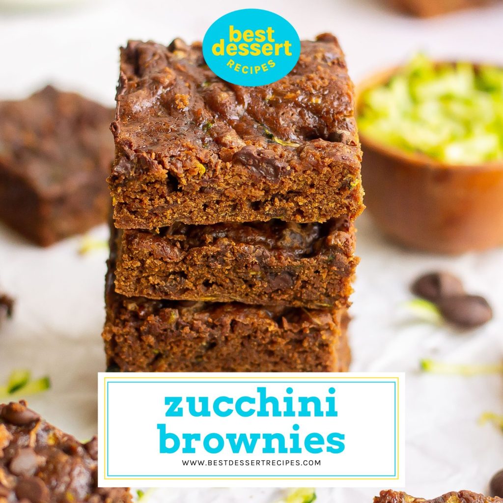 stack of zucchini brownies with text overlay for facebook