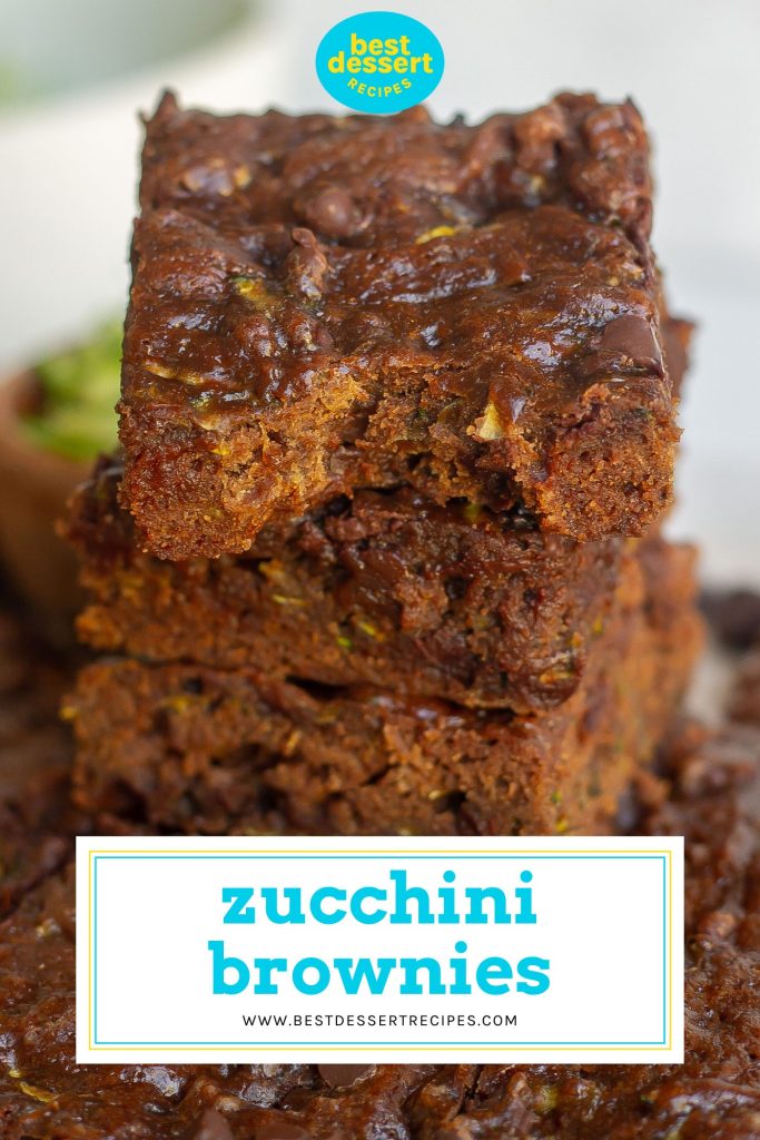 stack of zucchini brownies with text overlay for pinterest