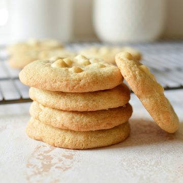 straight on shot of white chocolate chip cookies