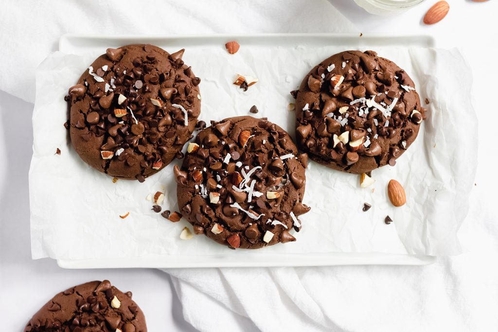 overhead shot of three almond joy cookies