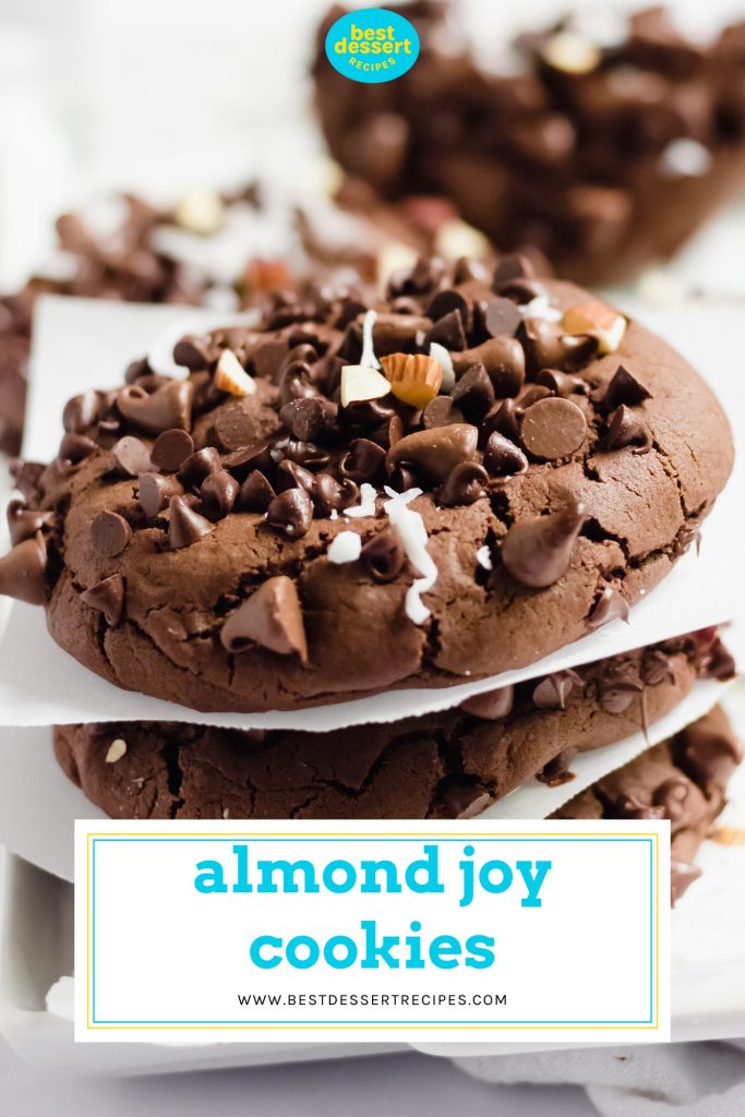 close up of stack of almond joy cookies with text overlay for pinterest