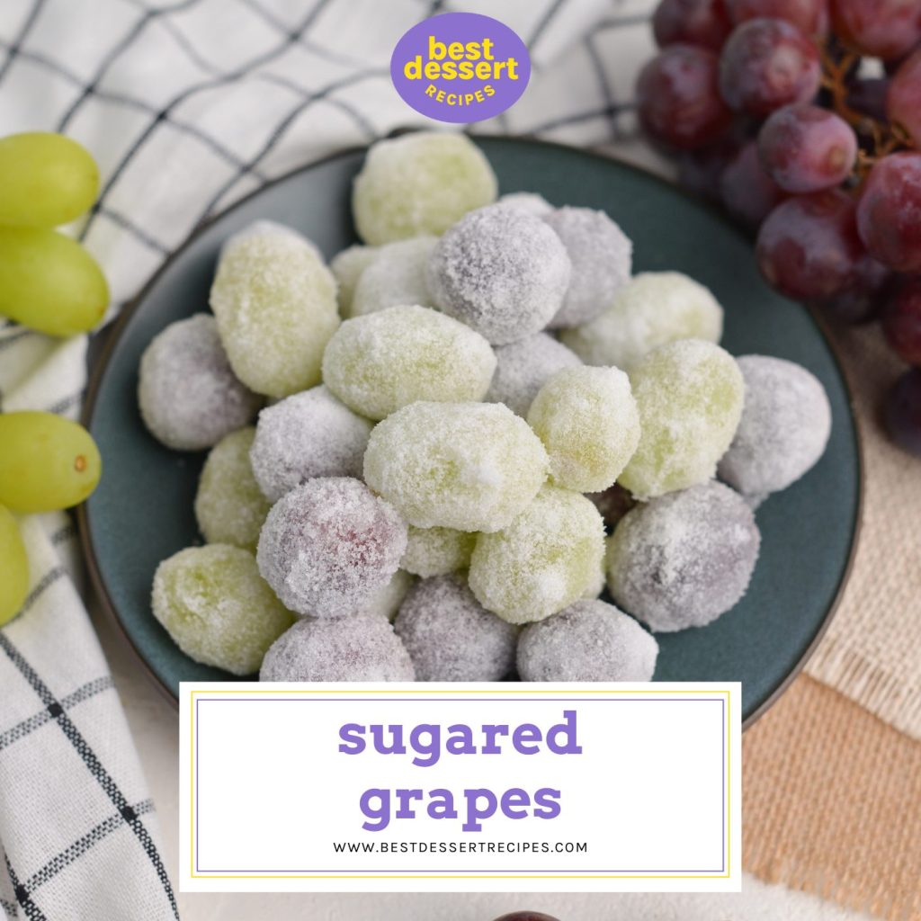 plate of frosted grapes with text overlay for facebook