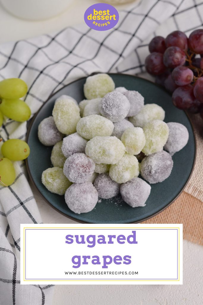 frosted grapes on a plate with text overlay for pinterest