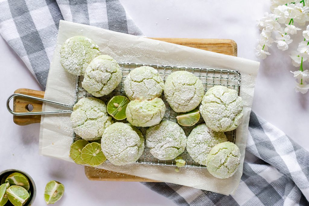 coconut key lime cookies on a metal rack