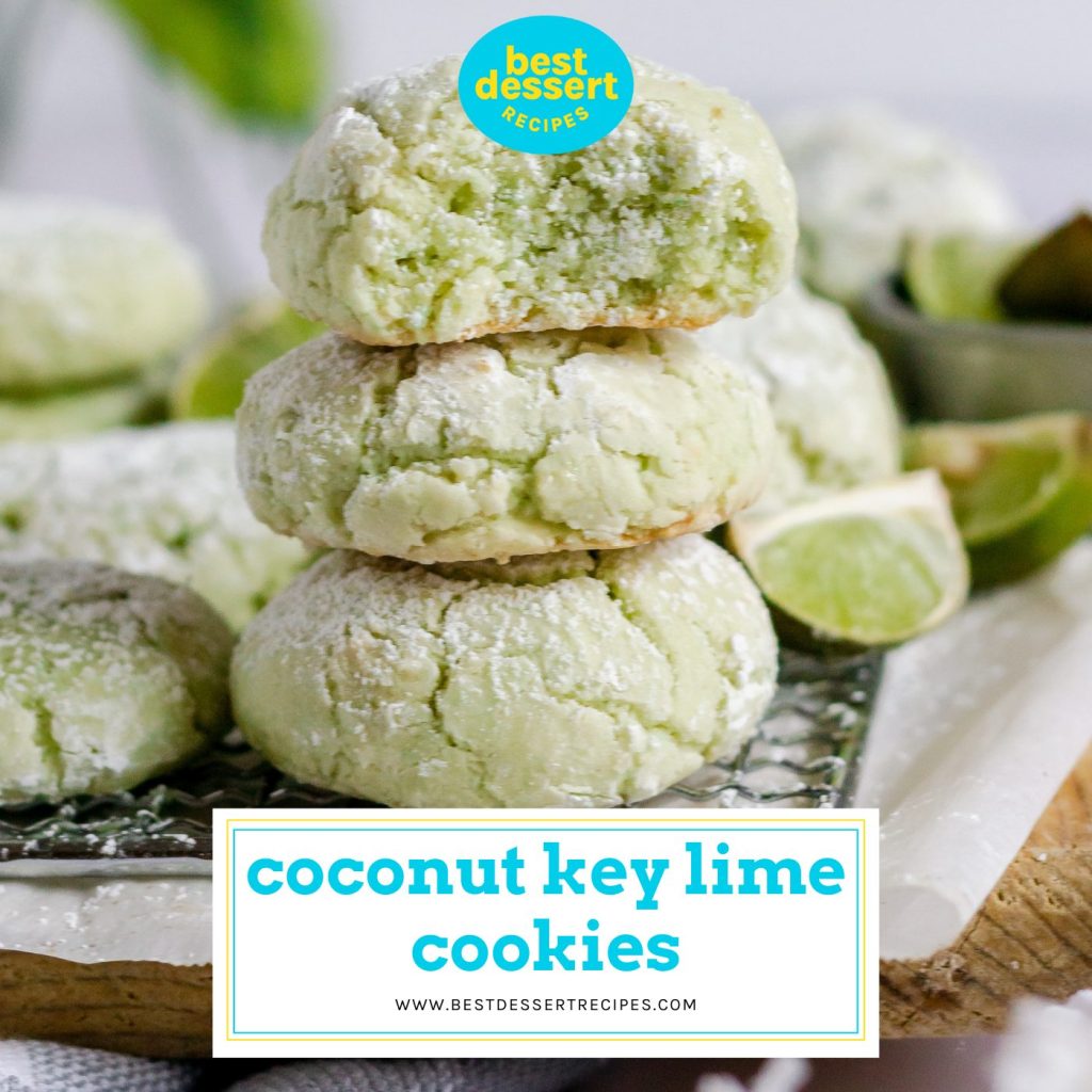 stack of three coconut lime cookies with text overlay for facebook