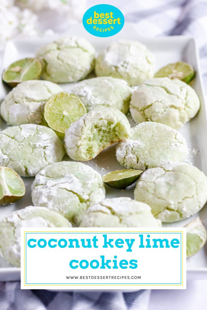 tray of coconut key lime cookies with text overlay for pinterest