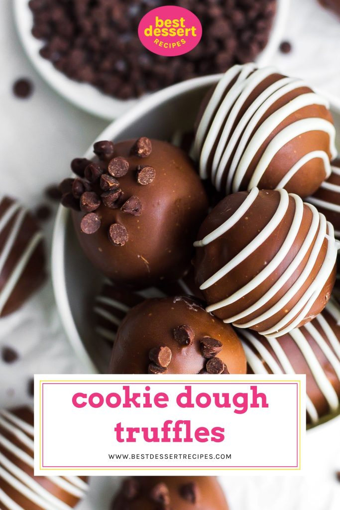 bowl of cookie dough truffles with text overlay for pinterest