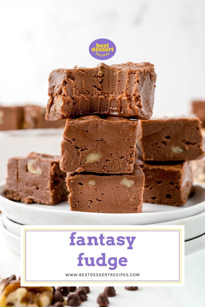bite taken out of stack of fantasy fudge with text overlay for pinterest
