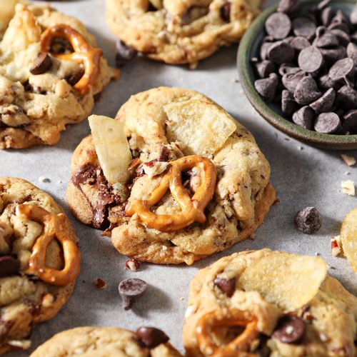 kitchen sink cookies with bowl of chocolate chips