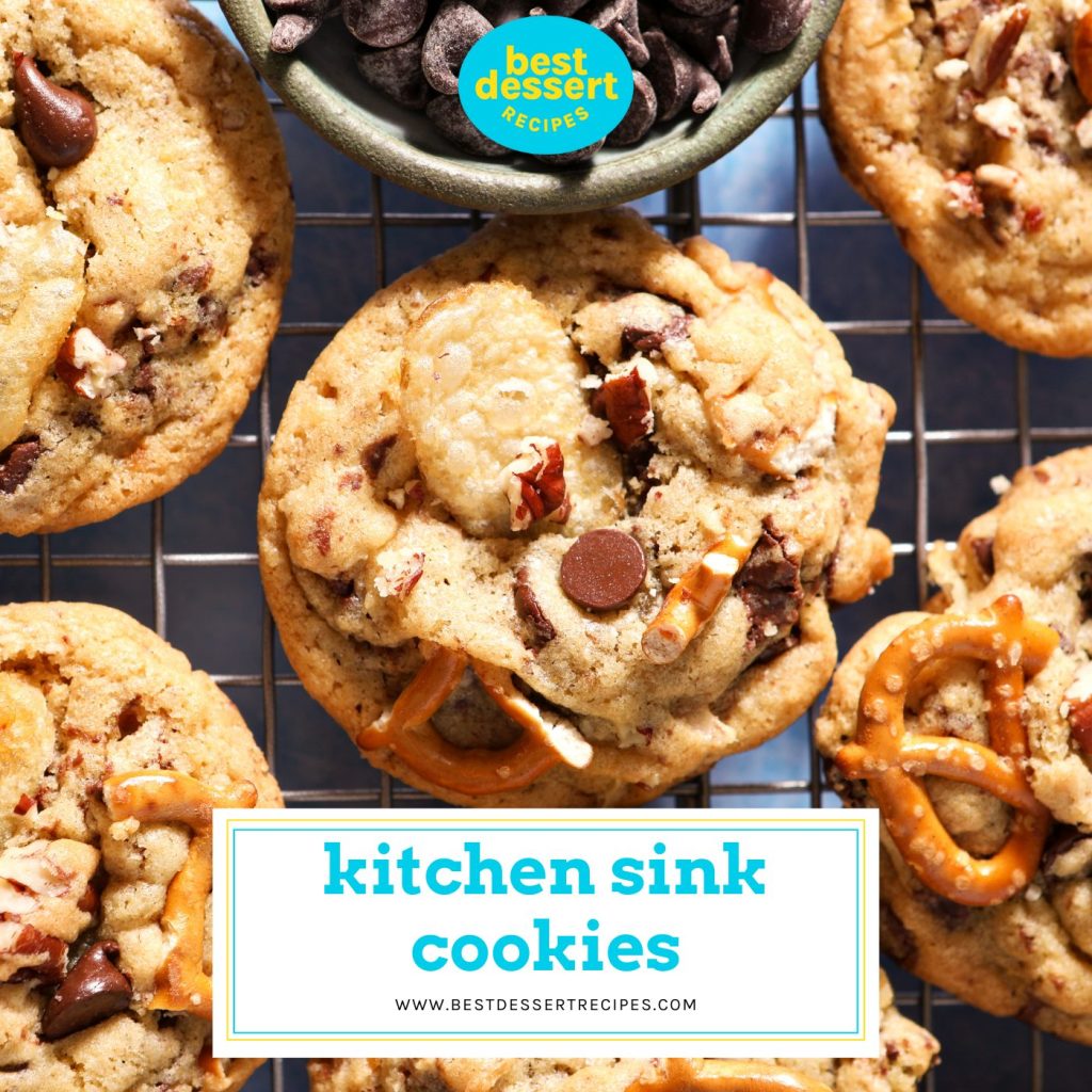 overhead shot of kitchen sink cookies with text overlay for facebook