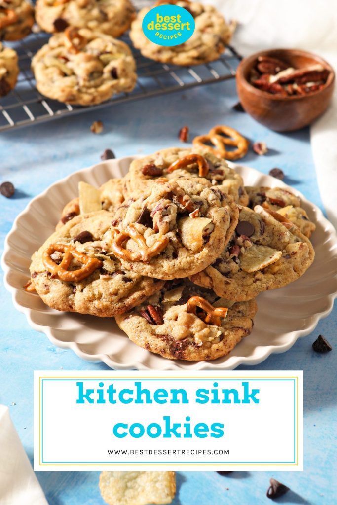 plate of kitchen sink cookies with text overlay for pinterest