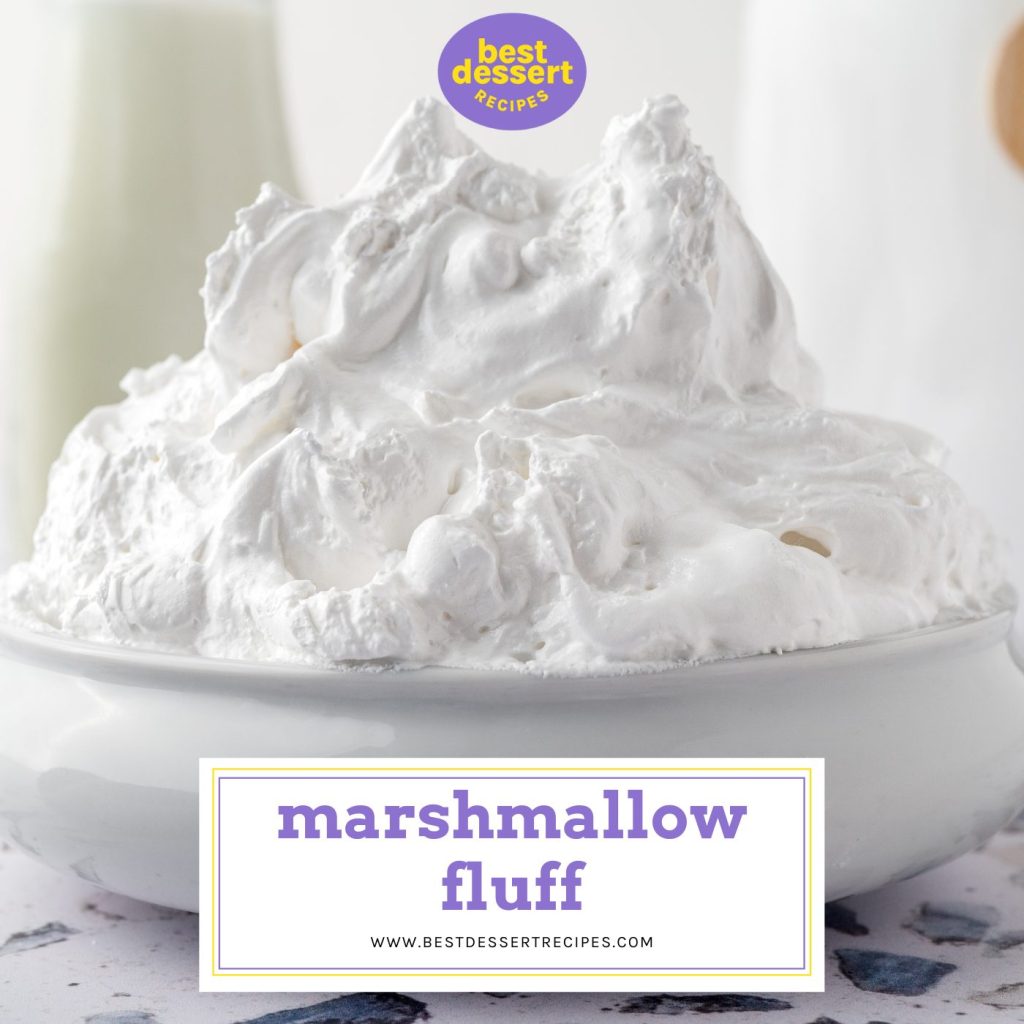 bowl of marshmallow fluff with text overlay for facebook