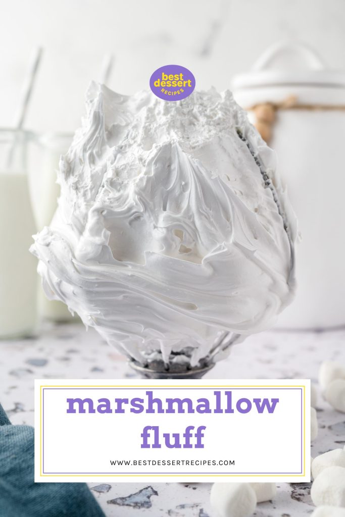 marshmallow fluff on a whisk with text overlay for pinterest