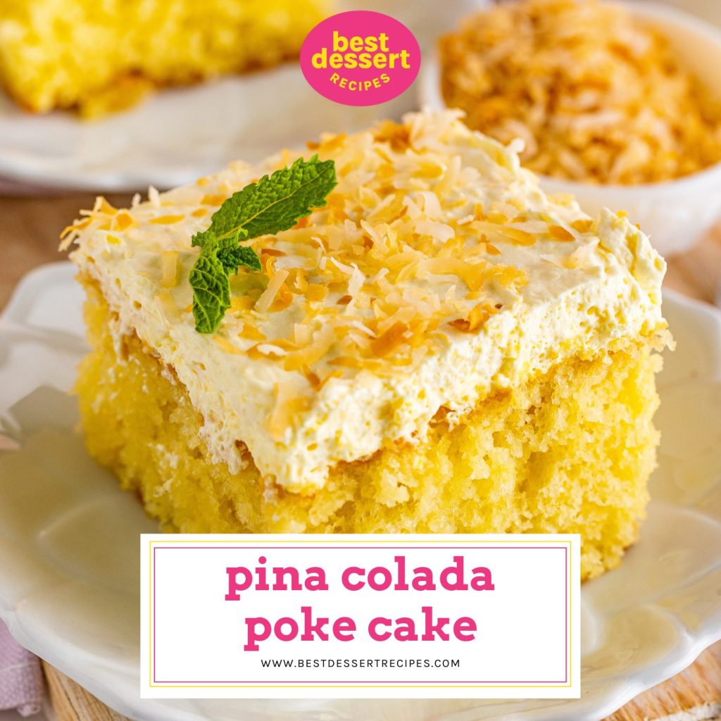 slice of pina colada poke cake with text overlay for facebook