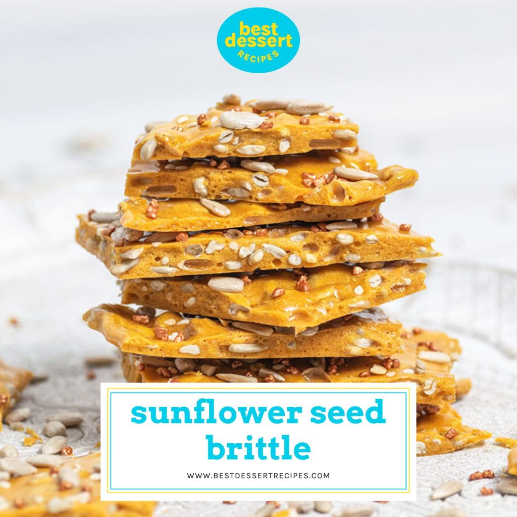 stack of sunflower seed brittle with text overlay for facebook